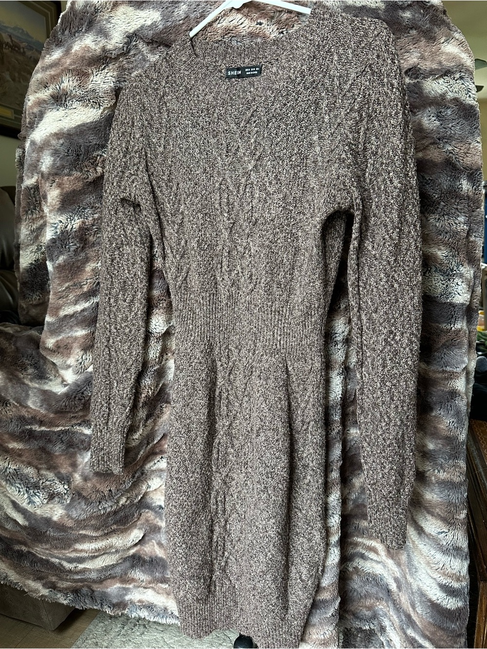 Brown Cable Knit Long-Sleeve Sweater Dress